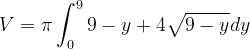 \dpi{120} V=\pi \int_{0}^{9}9-y+4\sqrt{9-y} dy